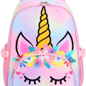 BTOOP Kids Backpack Girls School Backpack Preschool Kindergarten Unicorn Toddler BookBag with Chest Clip (Tie Dye headband)