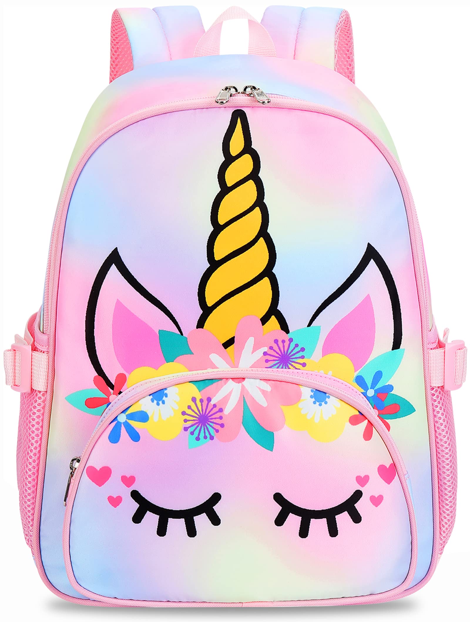 BTOOP Kids Backpack Girls School Backpack Preschool Kindergarten Unicorn Toddler BookBag with Chest Clip (Tie Dye headband)