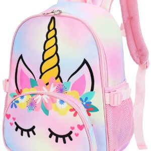 BTOOP Kids Backpack Girls School Backpack Preschool Kindergarten Unicorn Toddler BookBag with Chest Clip (Tie Dye headband)