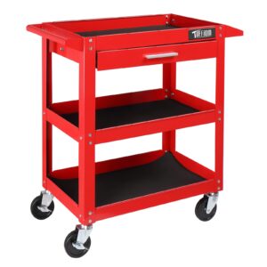 tuffiom 3 tier rolling tool cart, 330 lbs capacity industrial service cart, heavy duty steel utility cart, tool organizer with drawer, perfect for garage, warehouse & repair shop (red)