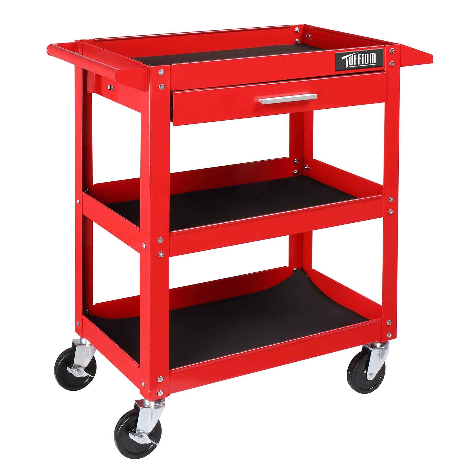 TUFFIOM 3 Tier Rolling Tool Cart, 330 LBS Capacity Industrial Service Cart, Heavy Duty Steel Utility Cart, Tool Organizer with Drawer, Perfect for Garage, Warehouse & Repair Shop (Red)