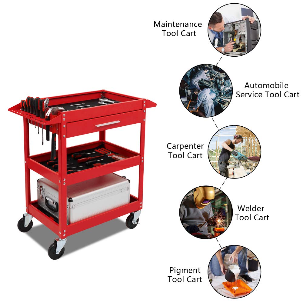 TUFFIOM 3 Tier Rolling Tool Cart, 330 LBS Capacity Industrial Service Cart, Heavy Duty Steel Utility Cart, Tool Organizer with Drawer, Perfect for Garage, Warehouse & Repair Shop (Red)