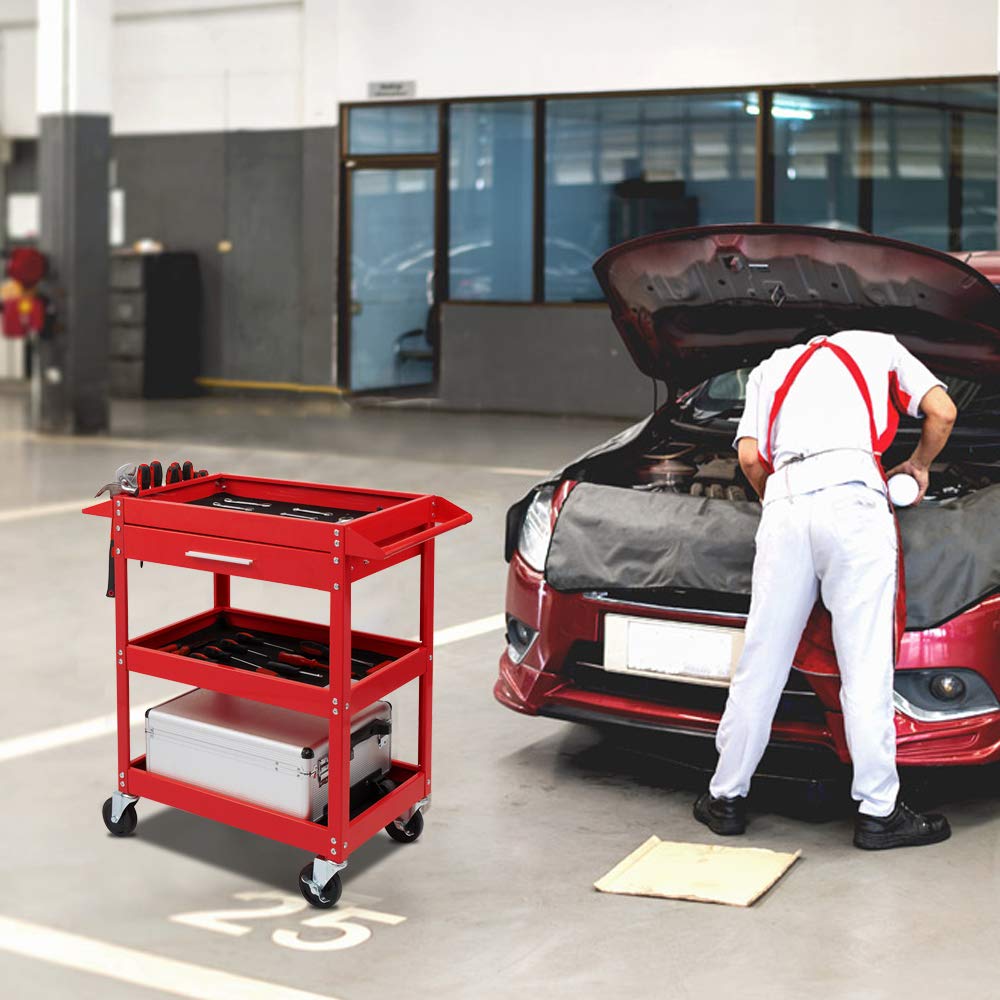 TUFFIOM 3 Tier Rolling Tool Cart, 330 LBS Capacity Industrial Service Cart, Heavy Duty Steel Utility Cart, Tool Organizer with Drawer, Perfect for Garage, Warehouse & Repair Shop (Red)