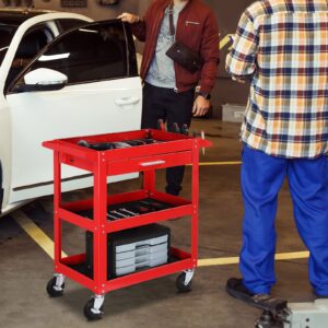 TUFFIOM 3 Tier Rolling Tool Cart, 330 LBS Capacity Industrial Service Cart, Heavy Duty Steel Utility Cart, Tool Organizer with Drawer, Perfect for Garage, Warehouse & Repair Shop (Red)