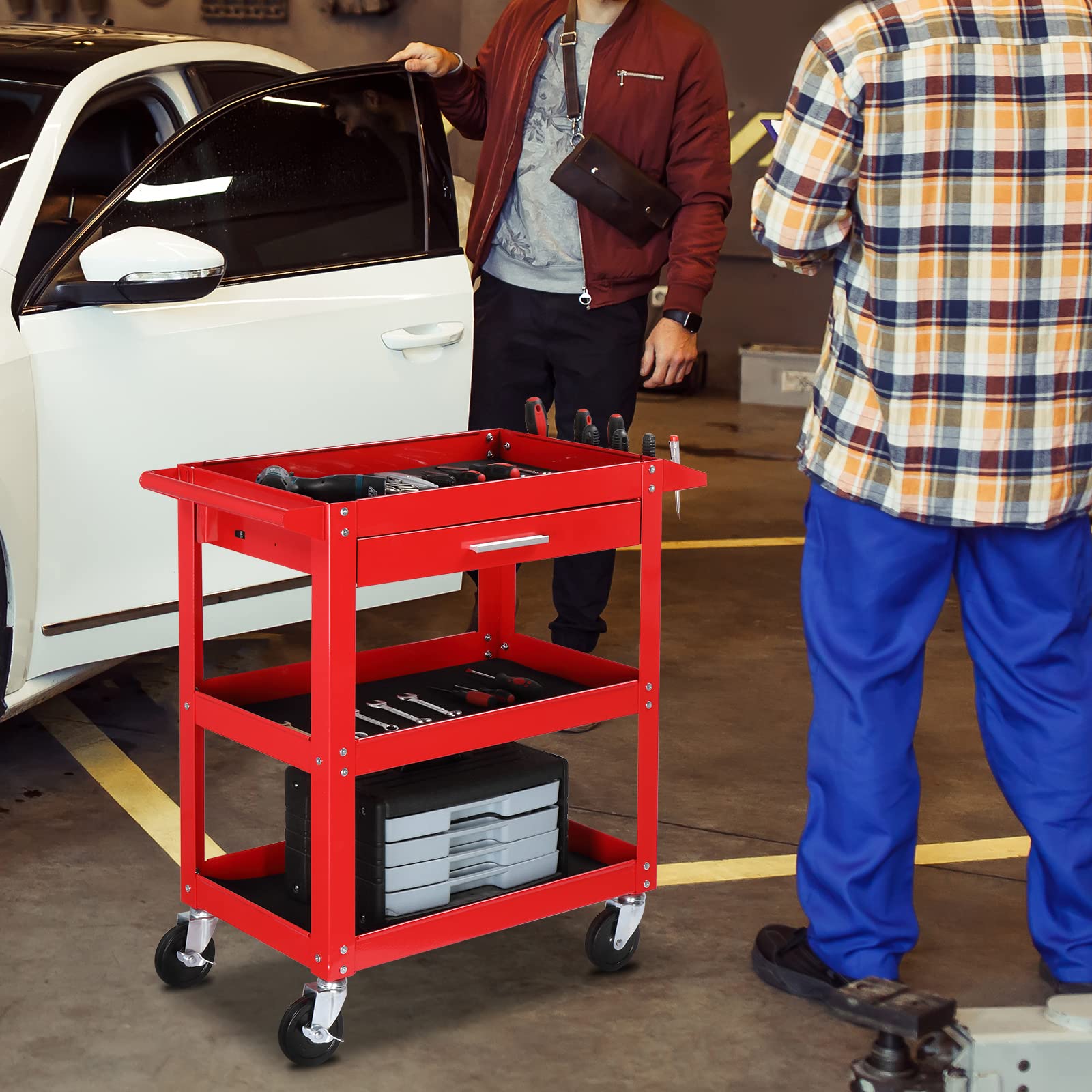 TUFFIOM 3 Tier Rolling Tool Cart, 330 LBS Capacity Industrial Service Cart, Heavy Duty Steel Utility Cart, Tool Organizer with Drawer, Perfect for Garage, Warehouse & Repair Shop (Red)