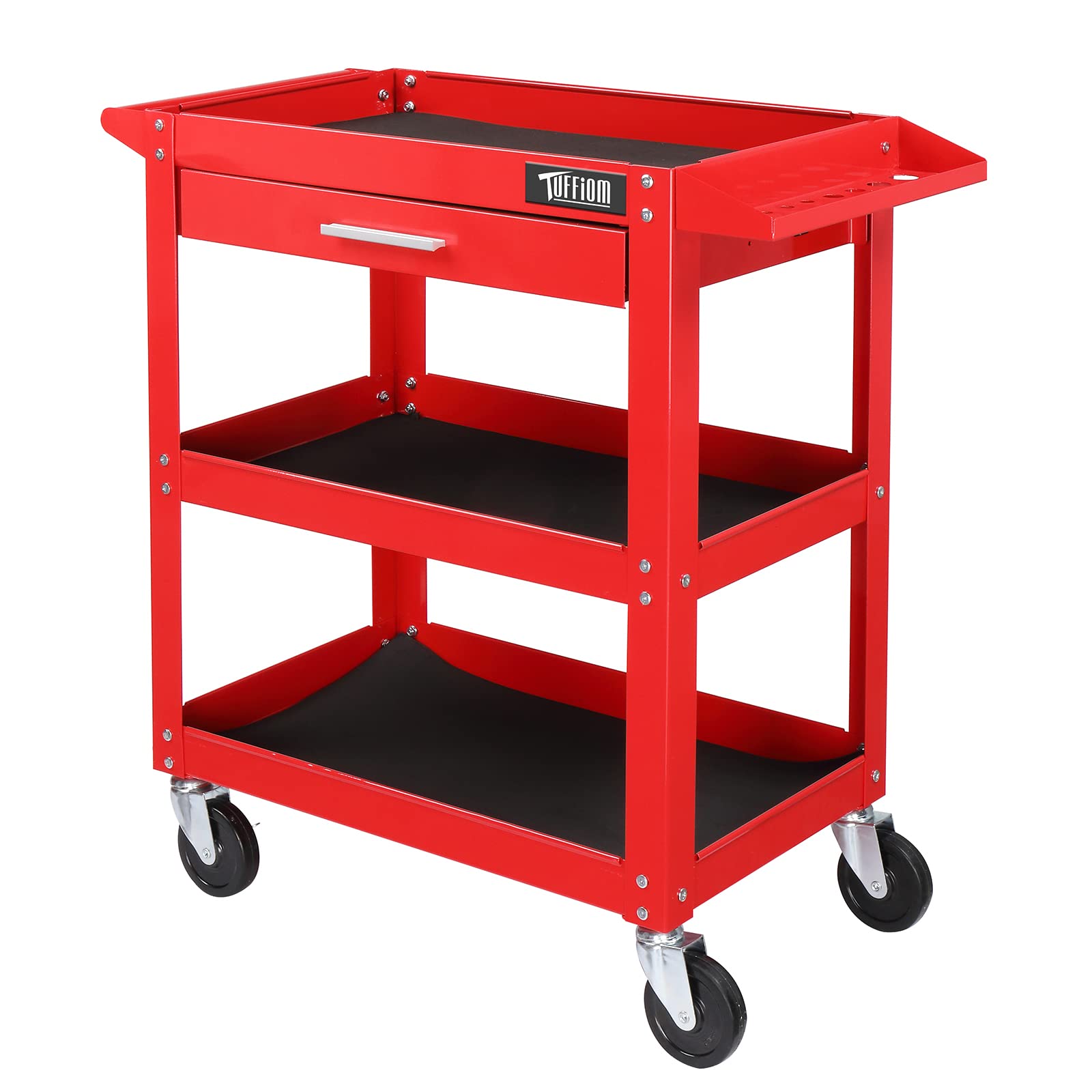 TUFFIOM 3 Tier Rolling Tool Cart, 330 LBS Capacity Industrial Service Cart, Heavy Duty Steel Utility Cart, Tool Organizer with Drawer, Perfect for Garage, Warehouse & Repair Shop (Red)