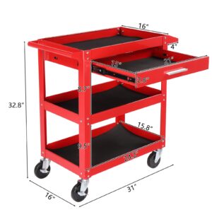 TUFFIOM 3 Tier Rolling Tool Cart, 330 LBS Capacity Industrial Service Cart, Heavy Duty Steel Utility Cart, Tool Organizer with Drawer, Perfect for Garage, Warehouse & Repair Shop (Red)