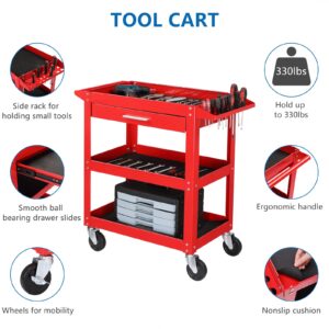 TUFFIOM 3 Tier Rolling Tool Cart, 330 LBS Capacity Industrial Service Cart, Heavy Duty Steel Utility Cart, Tool Organizer with Drawer, Perfect for Garage, Warehouse & Repair Shop (Red)