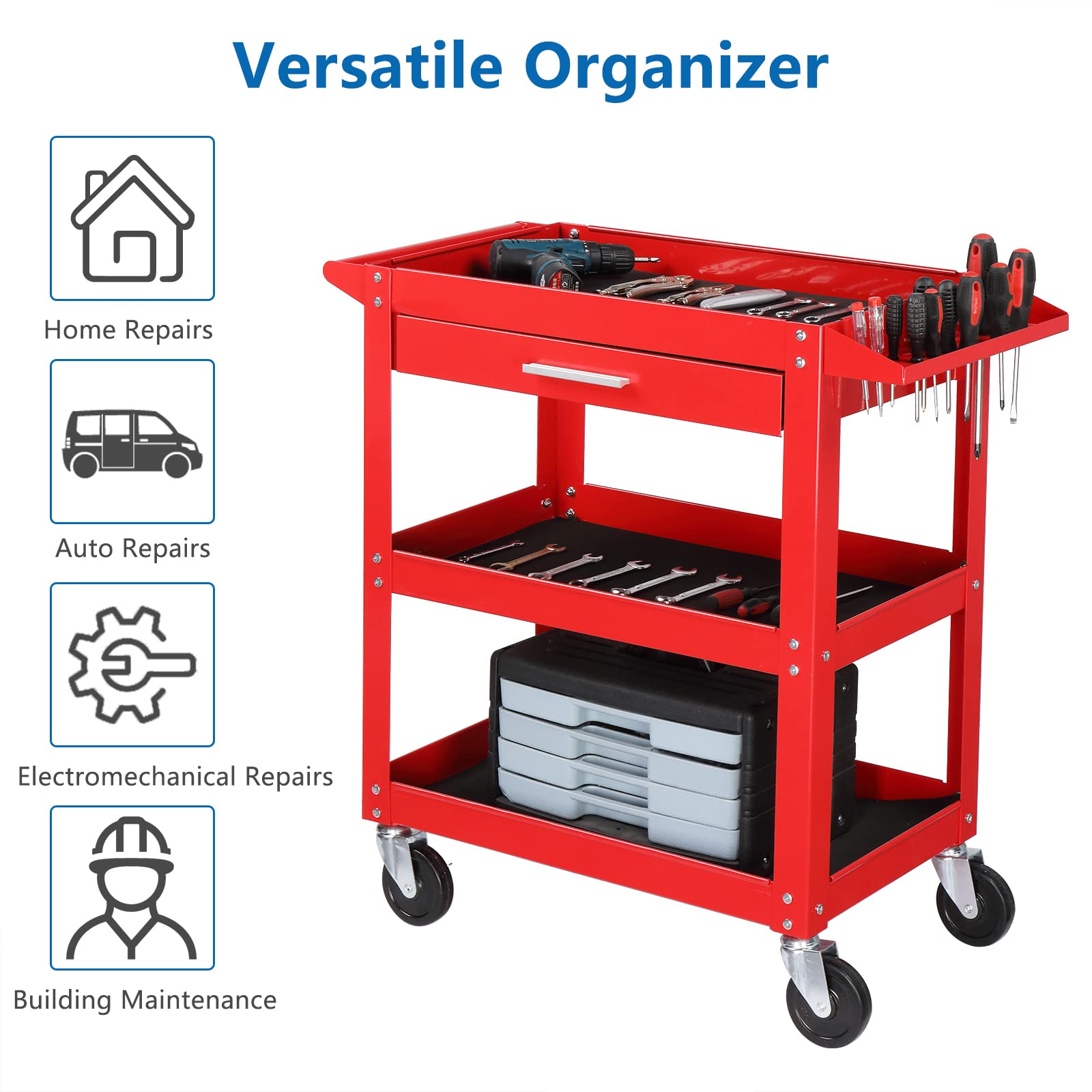 TUFFIOM 3 Tier Rolling Tool Cart, 330 LBS Capacity Industrial Service Cart, Heavy Duty Steel Utility Cart, Tool Organizer with Drawer, Perfect for Garage, Warehouse & Repair Shop (Red)