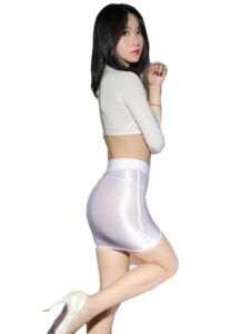 women's shiny sheer see-through tight bodycon pencil micro short silk stockings mini skirt night clubwear sexy lingerie (white)