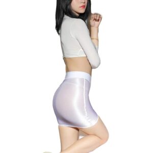 Women's Shiny Sheer See-Through Tight Bodycon Pencil Micro Short Silk Stockings Mini Skirt Night Clubwear Sexy Lingerie (White)