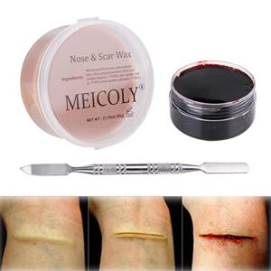 meicoly scar wax kit(1.67oz),fake blood special effects scab coagulated blood gel(1.06oz),fake wound molding modeling scar wax with spatula,sfx halloween stage makeup skin wax,01