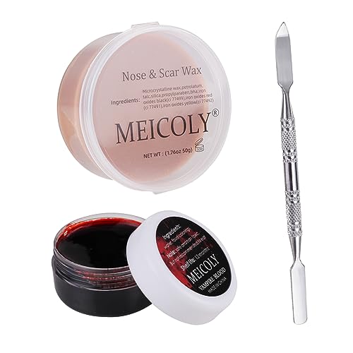 MEICOLY Scar Wax Kit(1.67Oz),Fake Blood Special Effects Scab Coagulated Blood Gel(1.06Oz),Fake Wound Molding Modeling Scar Wax with Spatula,SFX Halloween Stage Makeup Skin Wax,01