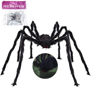 umeelr 6.6 ft giant spider for halloween decorations, black scary spiders with white stretch cobweb, hairy fake spider props for indoor outdoor yard house halloween decor party favors