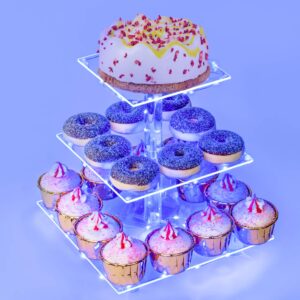 pastry stand 3 tier acrylic cupcake display stand light up cake stand cupcake holder pastry serving platter candy bar party décor wedding birthday holidays，christmas（blue light）…