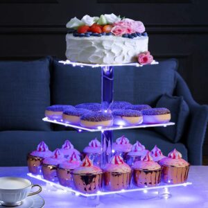 Pastry Stand 3 Tier Acrylic Cupcake Display Stand Light up Cake Stand Cupcake Holder Pastry Serving Platter Candy Bar Party Décor Wedding Birthday Holidays，Christmas（Blue Light）…