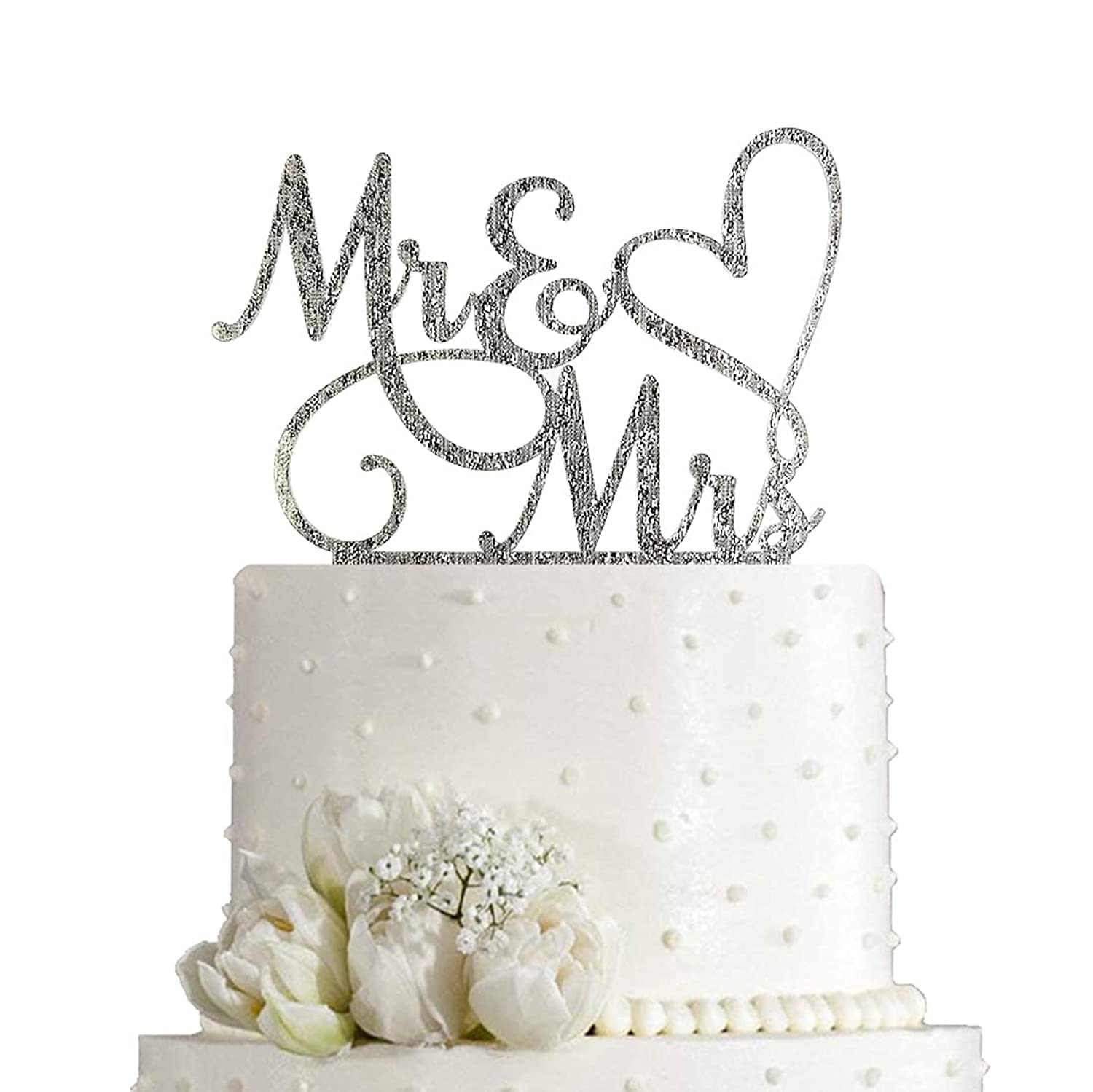 AMINJIE Mr and Mrs Cake Topper Decoration For Bride and Groom Sign Wedding/Engagement , Silver Glitter Acrylic