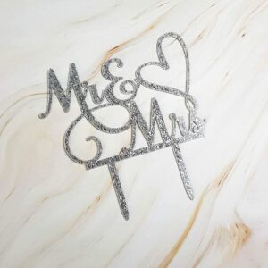 AMINJIE Mr and Mrs Cake Topper Decoration For Bride and Groom Sign Wedding/Engagement , Silver Glitter Acrylic