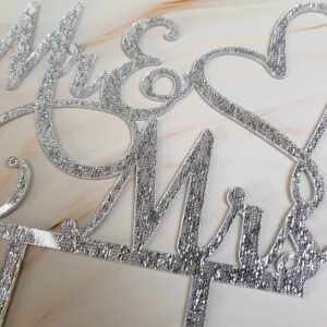 AMINJIE Mr and Mrs Cake Topper Decoration For Bride and Groom Sign Wedding/Engagement , Silver Glitter Acrylic