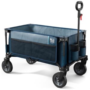 TIMBER RIDGE Collapsible Outdoor Folding Wagon Cart Heavy Duty Camping Patio Shopping Garden Cart with Side Bag Cup Holder,Blue