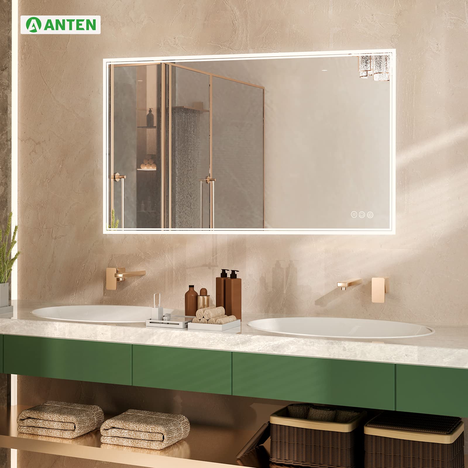 ANTEN 40" x 24" Bathroom Mirror with LED Lights, Backlit LED Bathroom Mirror, Anti-Fog, 3 Color Modes, Dimmable Vanity Bathroom Mirror Wall Mount, IP54 Waterproof, Horizontal&Vertical