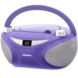 magnavox md6949 portable top loading cd boombox with am/fm stereo radio and bluetooth wireless technology in black | cd-r/cd-rw compatible | led display | (purple)