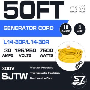 30 Amp Generator Cord, 50-Foot Nema L14-30P/L L14-30R, 125/250-Volt 7500 Watt Heavy Duty Locking Power Cord with UL Listed