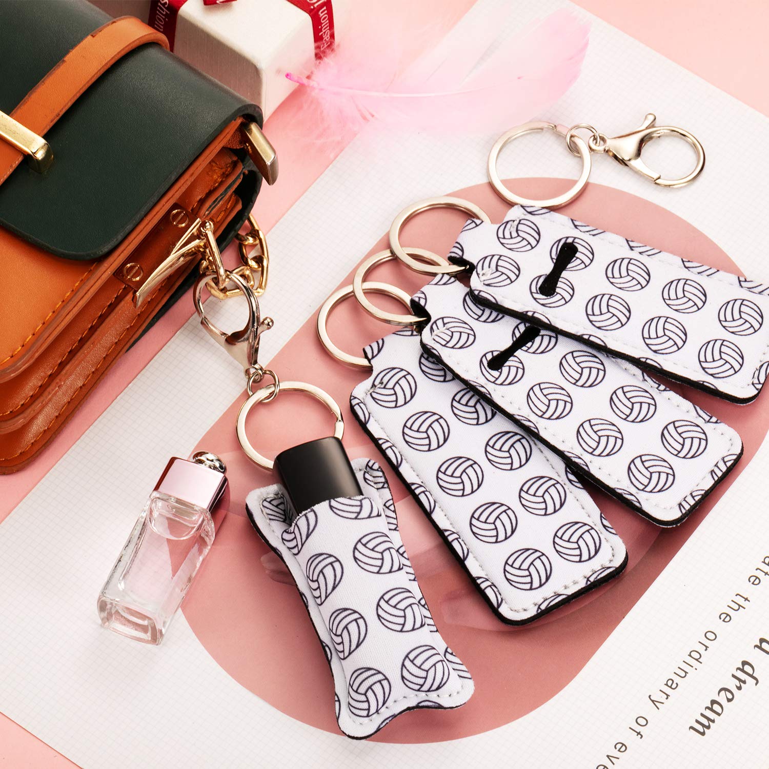 16 Pieces Volleyball Lipstick Holder Keychains Volleyball Lipstick Balm Holder Keychain Clip-on Lipstick Sleeve Pouch with 16 Pieces Metal Clip Cords for Lipstick Tracker