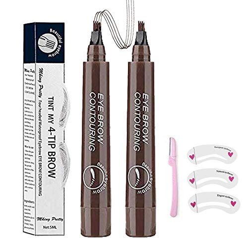 Microblading Eyebrow Pen, Eyebrow Pen 4 Points Eyebrow Pencil, Creates Lasting MakeUp Professional Natural Looking Eyebrows, Cover Sparse Areas, Daily Waterproof Eyebrow with Gift (02#Dark Brown)