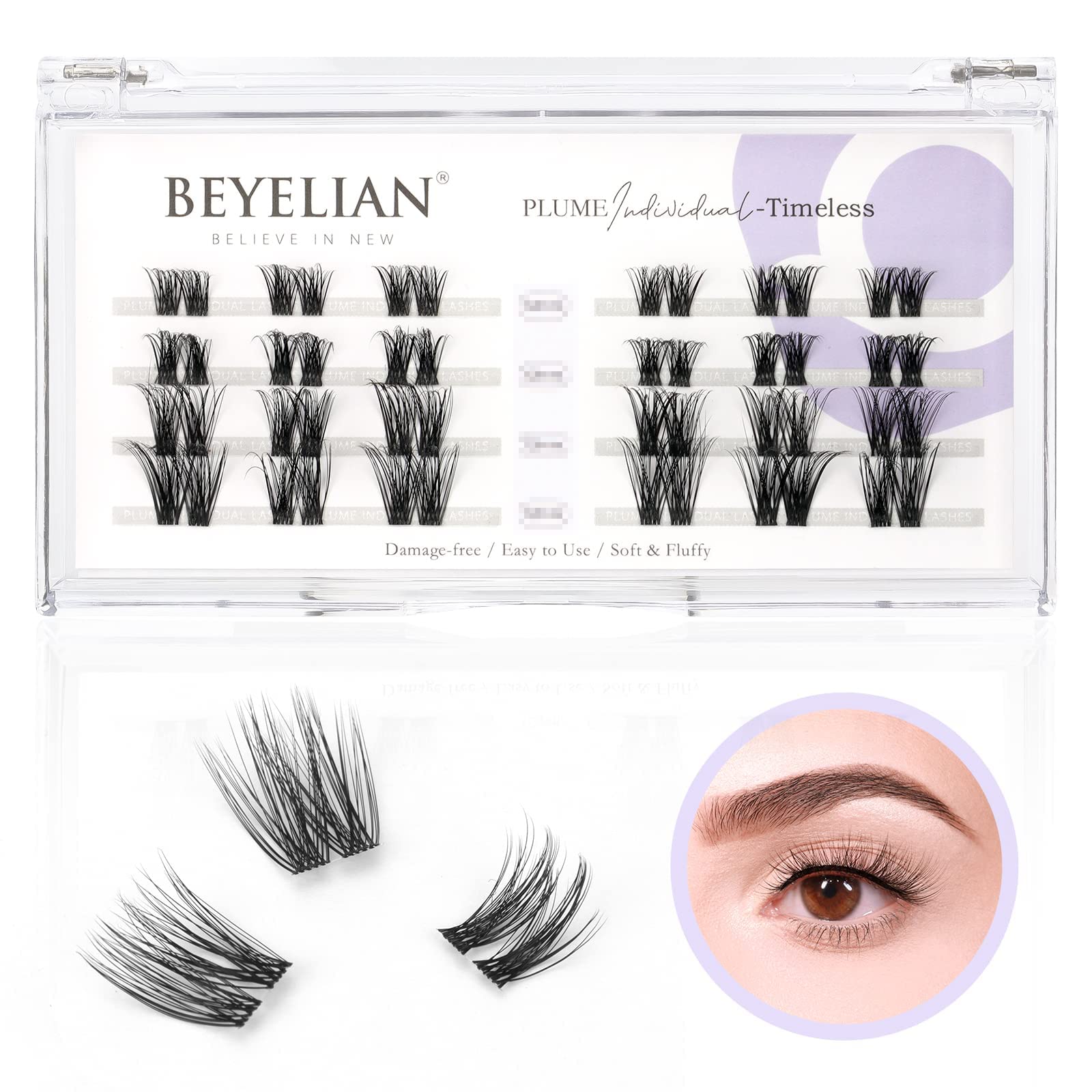 BEYELIAN DIY Eyelash Extension,Cluster Lashes Individual False Eyelashes Extension Natural Look Reusable Glue Bonded Super Thin Clear Band 24 Lash Clusters (Style2 0.07 Mix Clear Band)