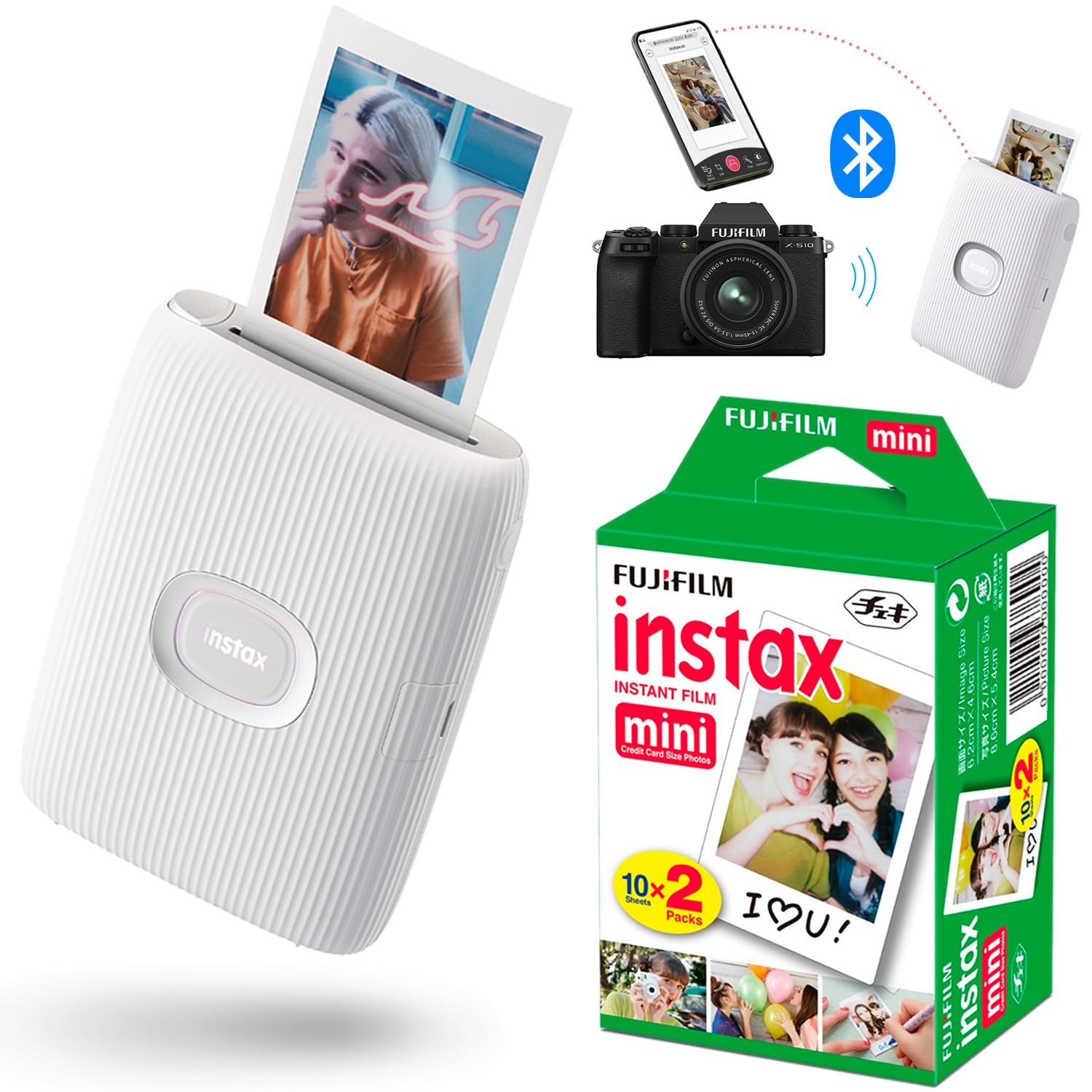 Fujifilm Instax Mini Link Instant Smartphone Printer (ASH) with Instax Film Pack (2 Items)