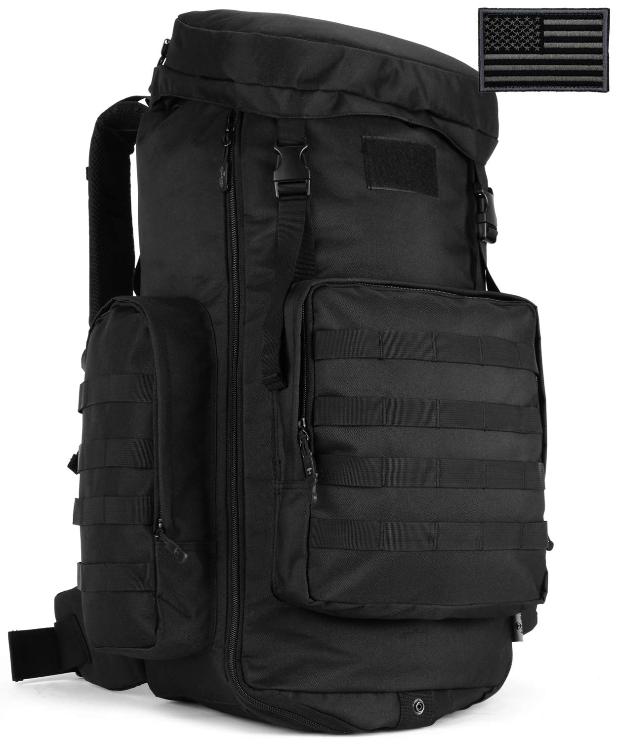 Protector Plus Tactical Hiking Daypack 70-85L Military MOLLE Assault Backpack Army Traveling Camping Pack Bug Out Bag Outdoor Rucksack (Rain Cover & Patch Included),Black