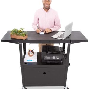 Line Leader Large AV Cart with Locking Cabinet & Drop Leaves, Rolling Height Adjustable Utility Cart with Pullout Laptop Keyboard Tray & Cord Management, Narrow Mobile Workstation (Black, 54 x 18)