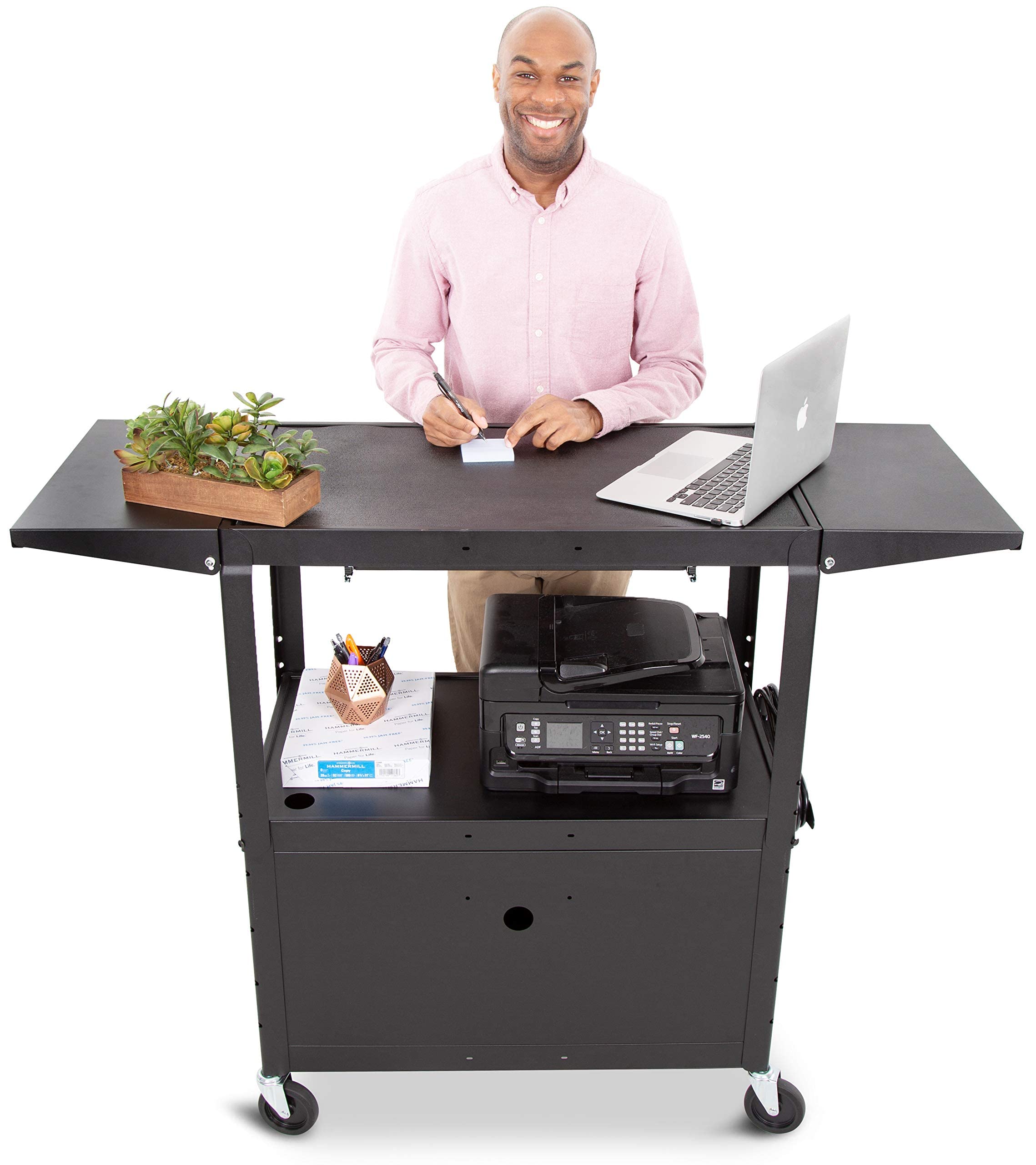 Line Leader Large AV Cart with Locking Cabinet & Drop Leaves, Rolling Height Adjustable Utility Cart with Pullout Laptop Keyboard Tray & Cord Management, Narrow Mobile Workstation (Black, 54 x 18)