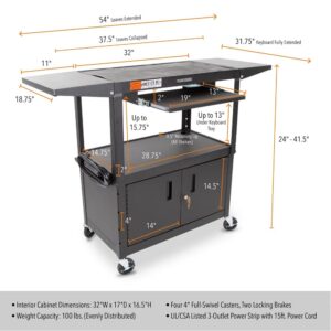 Line Leader Large AV Cart with Locking Cabinet & Drop Leaves, Rolling Height Adjustable Utility Cart with Pullout Laptop Keyboard Tray & Cord Management, Narrow Mobile Workstation (Black, 54 x 18)