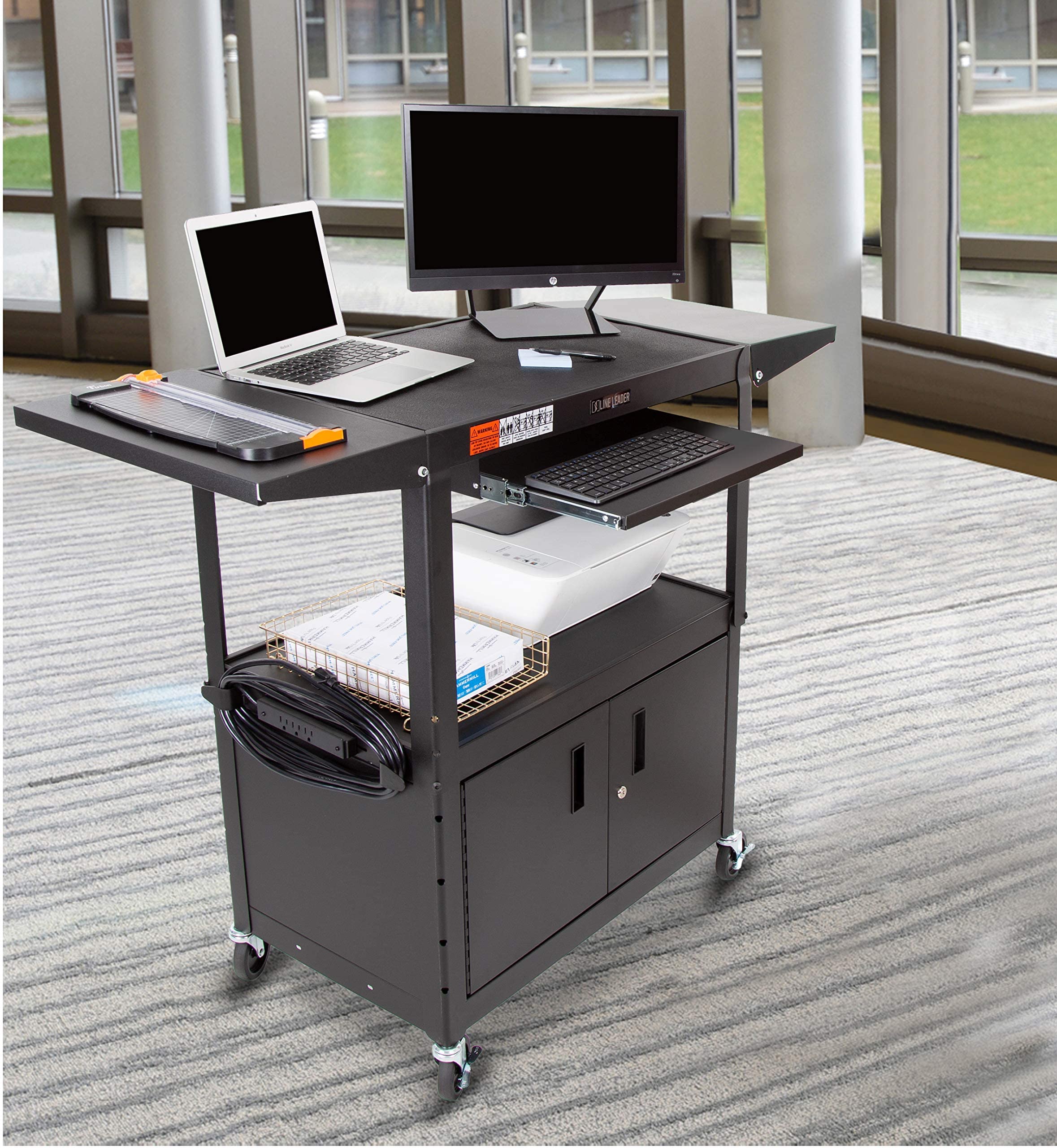 Line Leader Large AV Cart with Locking Cabinet & Drop Leaves, Rolling Height Adjustable Utility Cart with Pullout Laptop Keyboard Tray & Cord Management, Narrow Mobile Workstation (Black, 54 x 18)