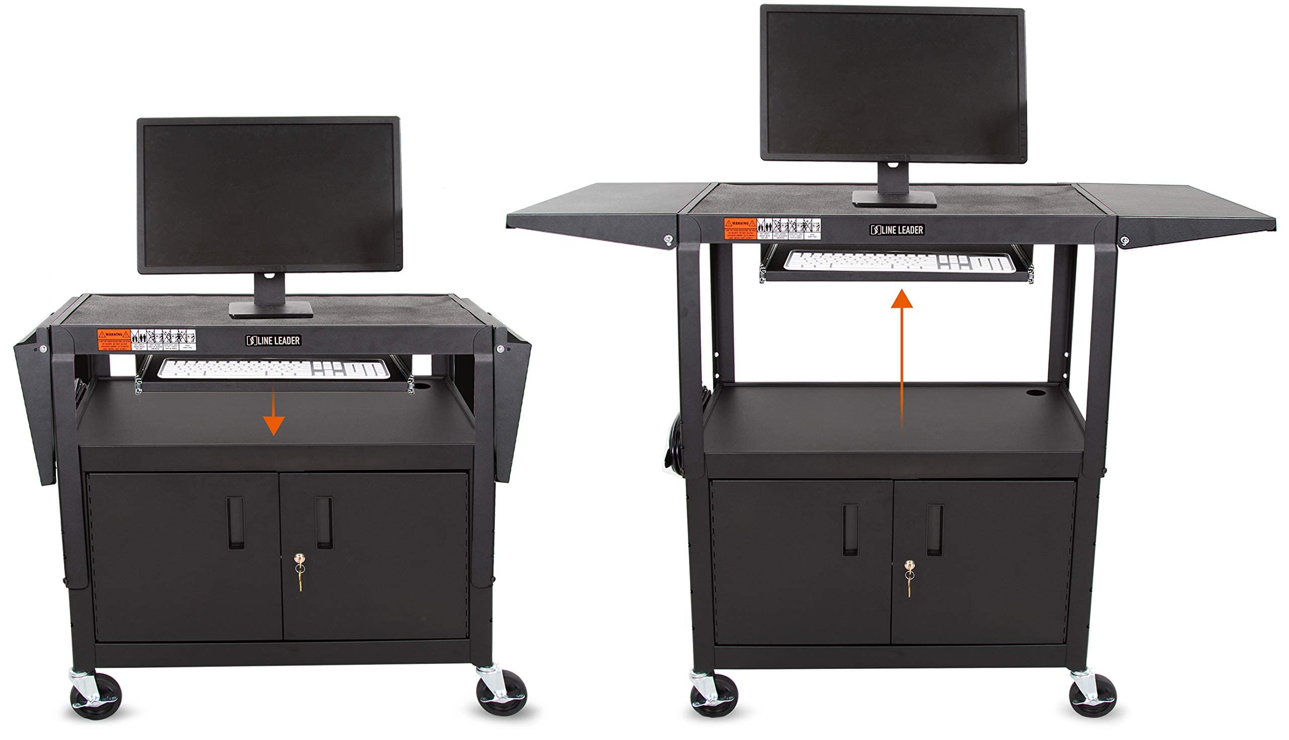 Line Leader Large AV Cart with Locking Cabinet & Drop Leaves, Rolling Height Adjustable Utility Cart with Pullout Laptop Keyboard Tray & Cord Management, Narrow Mobile Workstation (Black, 54 x 18)