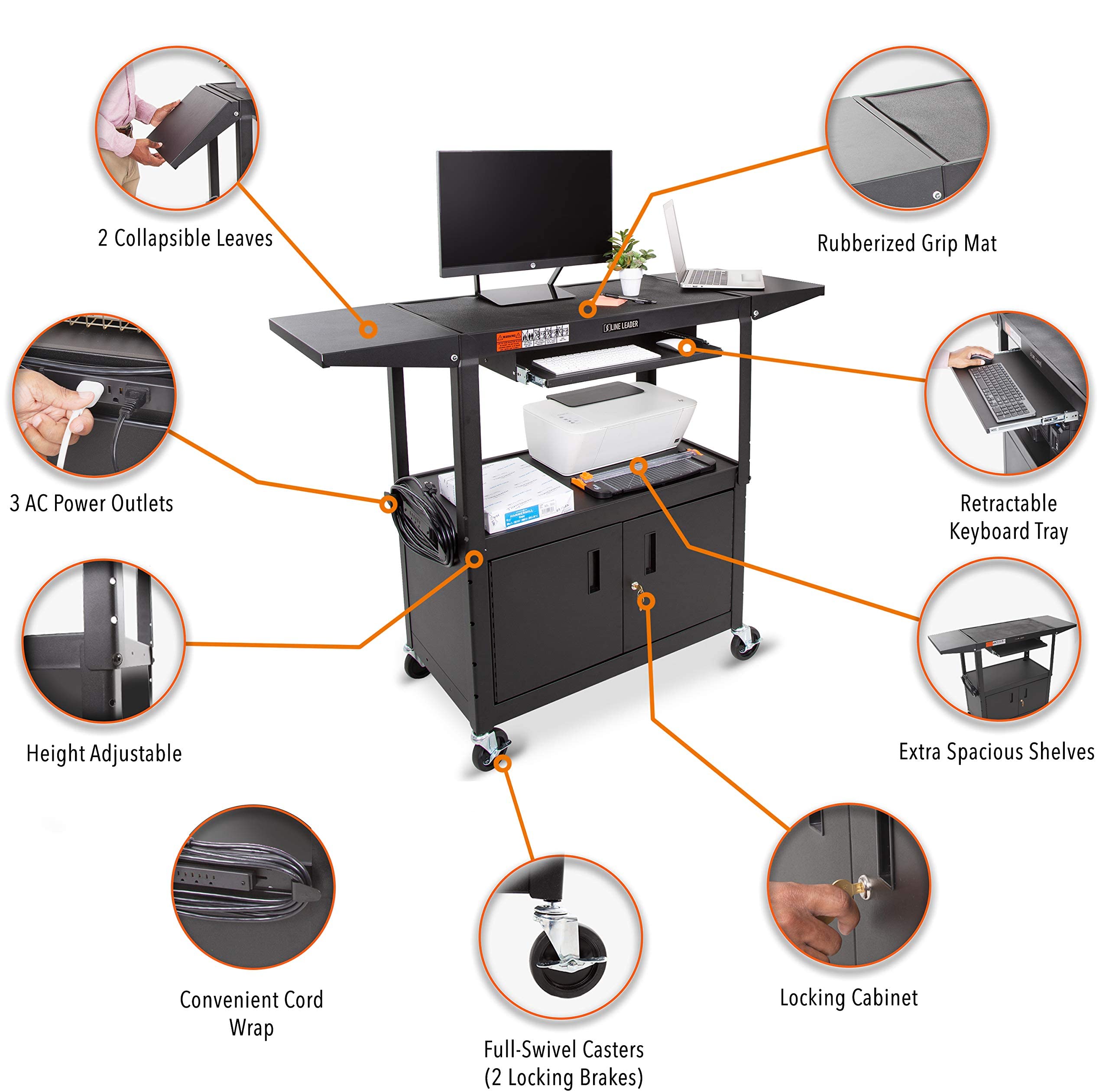 Line Leader Large AV Cart with Locking Cabinet & Drop Leaves, Rolling Height Adjustable Utility Cart with Pullout Laptop Keyboard Tray & Cord Management, Narrow Mobile Workstation (Black, 54 x 18)