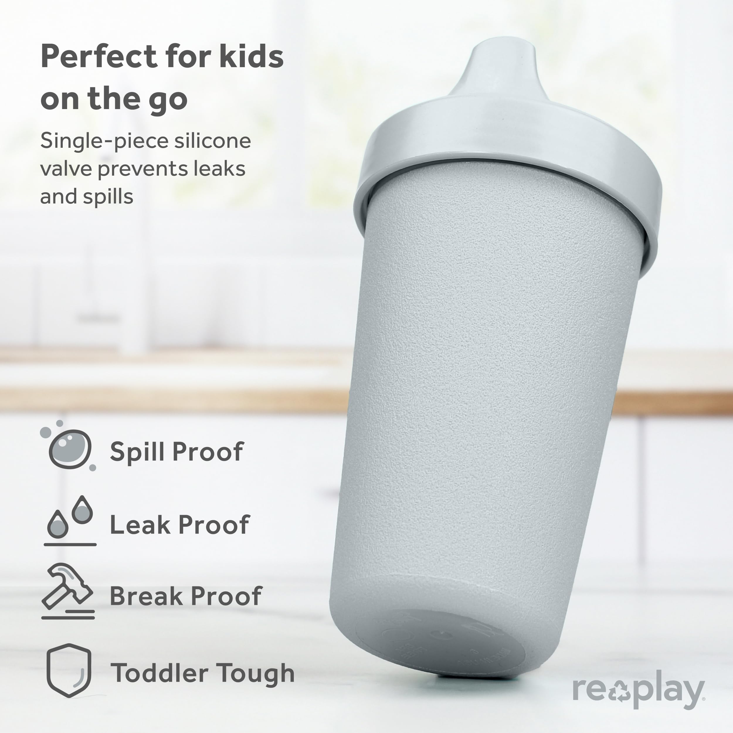 Re-Play Made in USA 10 Oz. Sippy Cups for Toddlers, Set of 3 - Reusable Spill Proof Cups for Kids, Dishwasher/Microwave Safe - Hard Spout Sippy Cups for Toddlers 3.13 x 6.25, Seashell