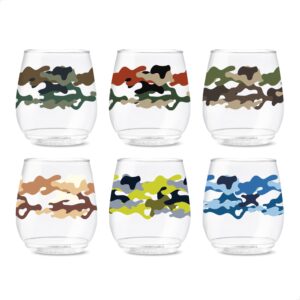 tossware pop 14oz vino camo series, set of 6, premium quality, recyclable, unbreakable & crystal clear plastic printed glasses