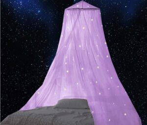 bcbyou bed canopy mosquito net with fluorescent stars glow in dark for baby, kids, and adults, for cover the baby crib, kid bed, girls bed or full size bed (purple)