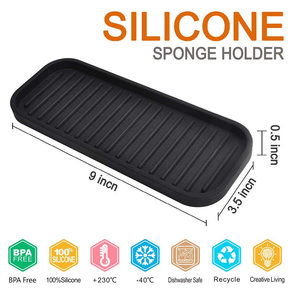 Silicone Sponge Holder Kitchen Sink Organizer Tray Dish Caddy Soap Dispenser, Scrubber Spoon Holder,Dishwashing Accessories 2 Pack (Black)