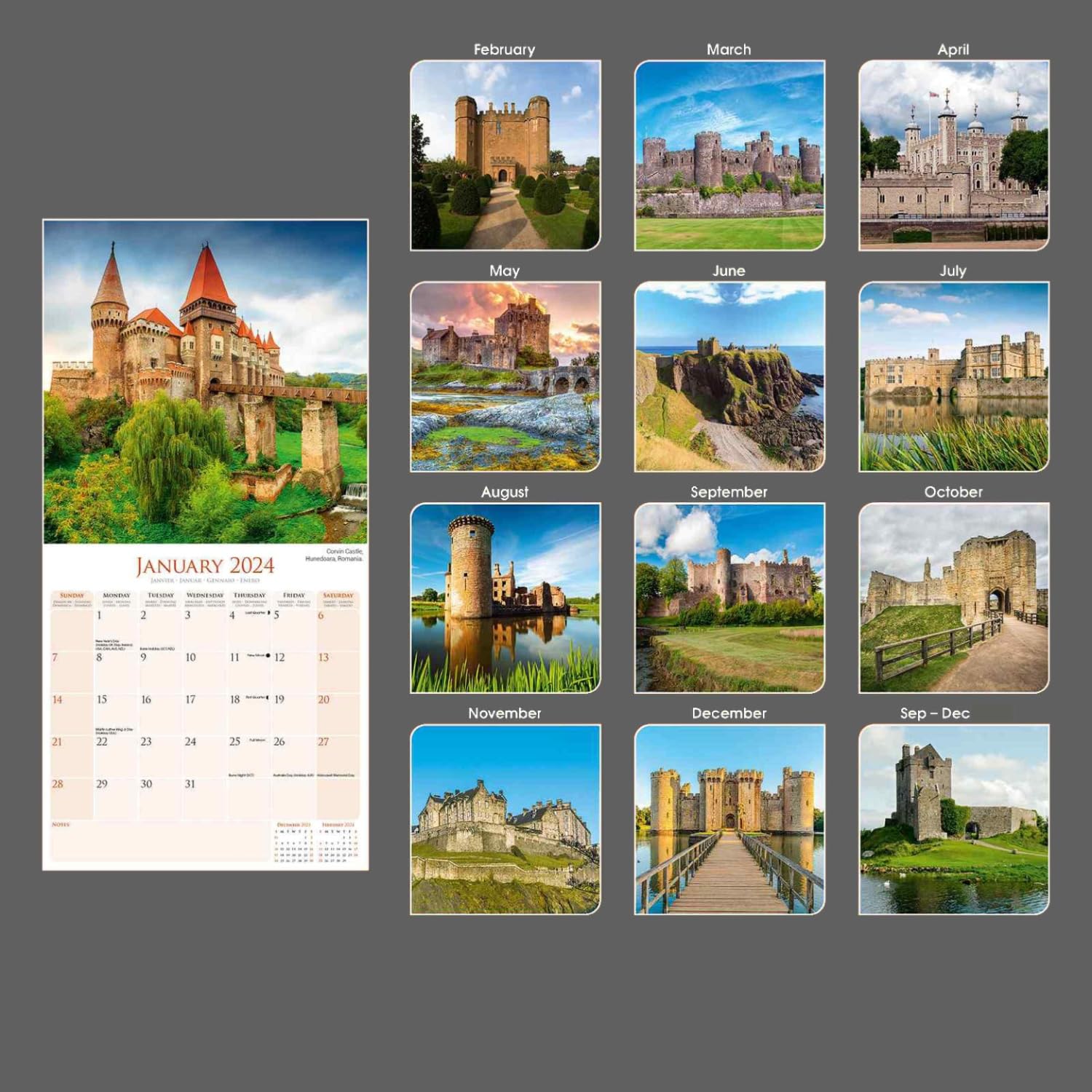 2023 2024 Castles Monthly Wall Calendar - Travel Calendar - 12 x 24 Open - Thick No-Bleed Paper - Giftable - Academic Teacher's Planner Calendar Organizing & Planning Calendar