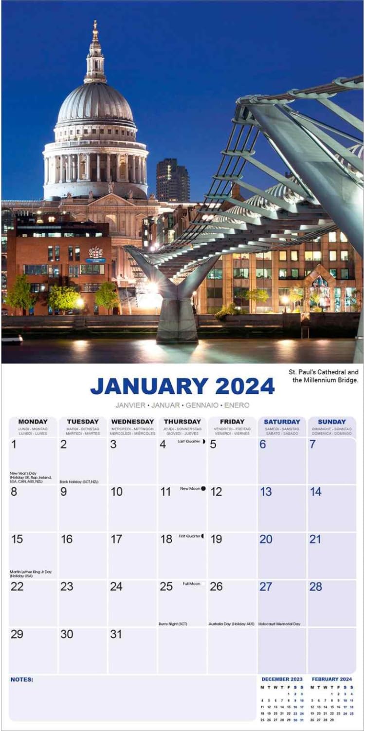 2023 2024 London Monthly Wall Calendar - Travel Calendar - 12 x 24 Open - Thick No-Bleed Paper - Giftable - Academic Teacher's Planner Calendar Organizing & Planning Calendar