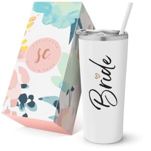 sassycups bride tumbler cup | vacuum insulated stainless steel drink cup with straw for bride to be | engagement glass | newly engaged travel mug | future mrs bachelorette cup (22 ounce, white)