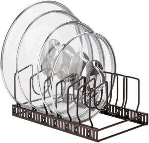 toplife pot lids organizer rack for cabinet and countertop, 7+ pan lids and bakeware organizer rack holder with 7 adjustable compartments - brown