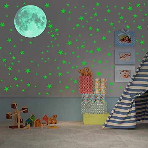 Glow in The Dark Stars and Moon Wall Stickers for Baby Room, Luminous Wall Decal Realistic Star and 3D Full Moon Starry Sky Decoration for Kid Toddler Bedroom, Ceiling Halloween decor (333Stars,1Moon)