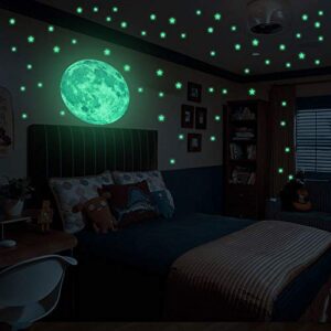Glow in The Dark Stars and Moon Wall Stickers for Baby Room, Luminous Wall Decal Realistic Star and 3D Full Moon Starry Sky Decoration for Kid Toddler Bedroom, Ceiling Halloween decor (333Stars,1Moon)