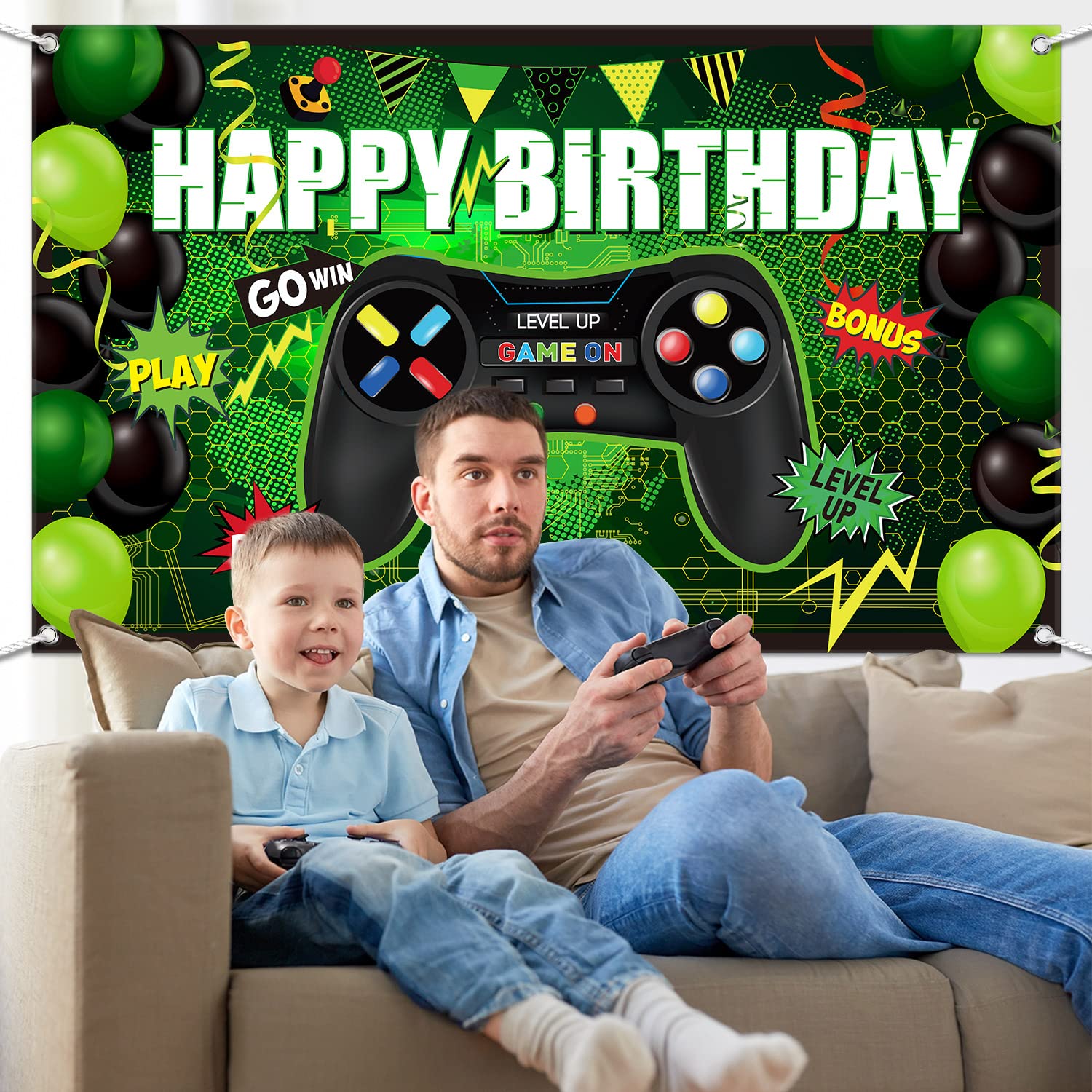 Video Game Happy Birthday Backdrop Game on Birthday Party Backdrop Banner Level up Gaming Theme Party Background Photo Props for Video Game Party Wall Decorations Supplies (Green)