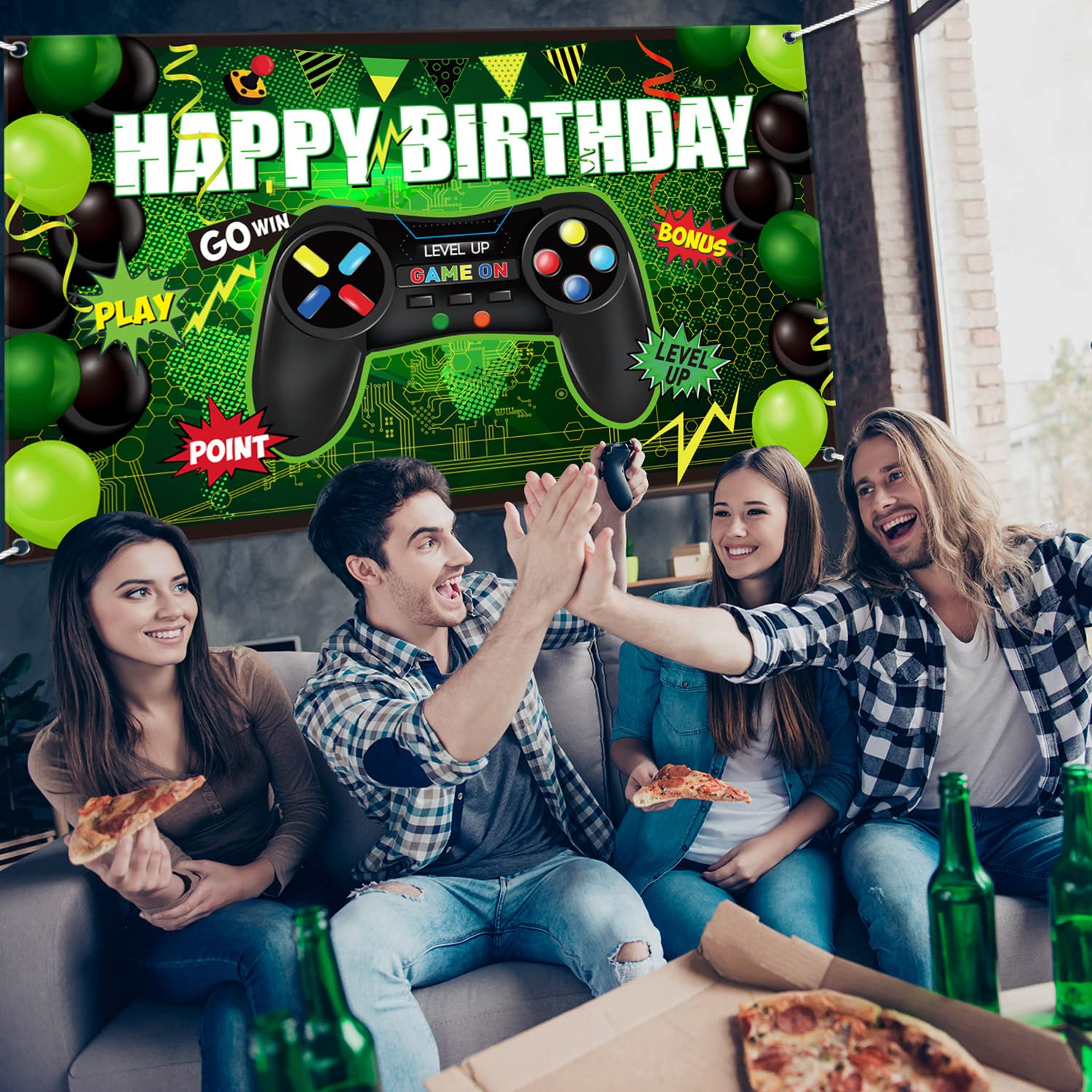 Video Game Happy Birthday Backdrop Game on Birthday Party Backdrop Banner Level up Gaming Theme Party Background Photo Props for Video Game Party Wall Decorations Supplies (Green)